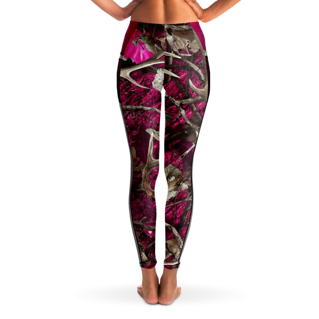 Women's Active Pink Camouflage Workout Capri Leggings. • High rise  waistband features hidden pocket for phone or other loose items • Pink  camouflage print • 4 way stretch for more movement •