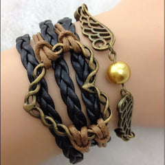 Wings, Heart, Gold Bead with Black Strands Bracelet