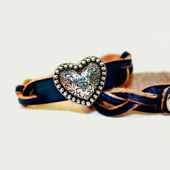 Blue Braided Leather Bracelet with Silver Heart
