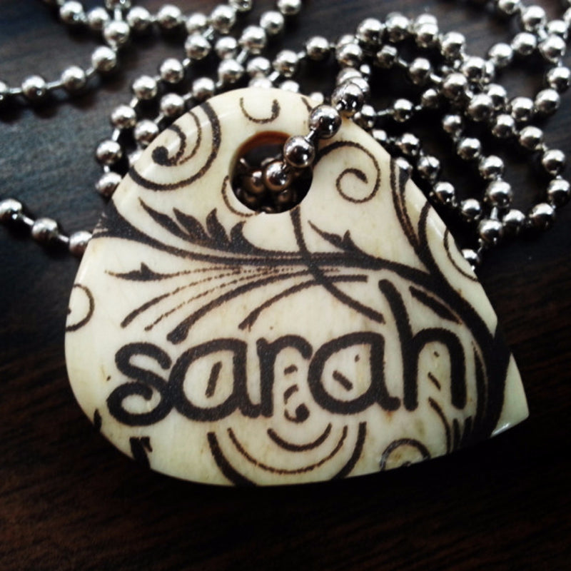 Custom Personalized Floral Hand Crafted Cow Bone Guitar Pick Necklace