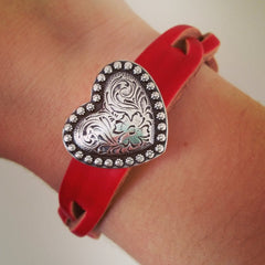 Red Braided Leather Bracelet with Silver Heart