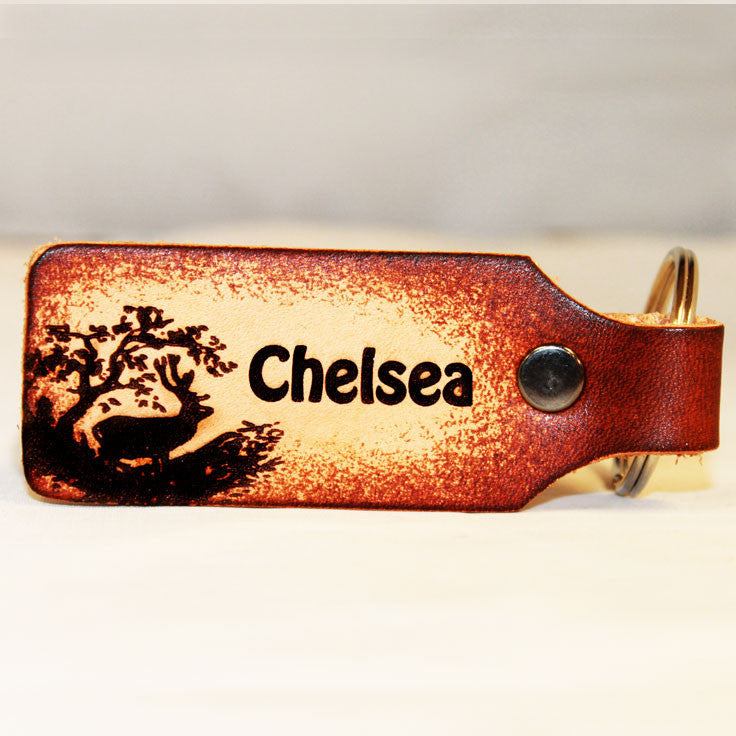 Buck Scenery with Custom Name Leather Keychain