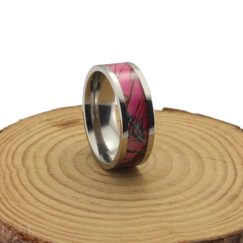 Womens Titanium Pink Camo Wedding Rings with CZ Stone – Findurings