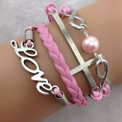 Infinity, Cross, Love Pink Stacked Bracelet