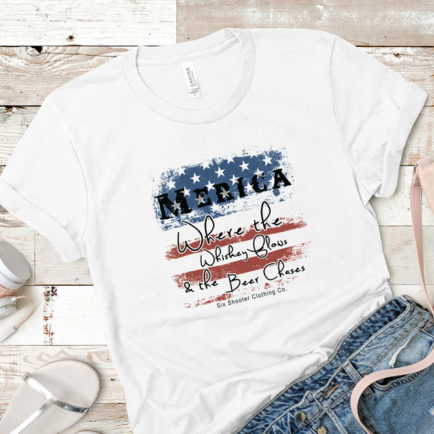 'Merica Where the Whiskey Flows Women's Tee | Six Shooter Gifts