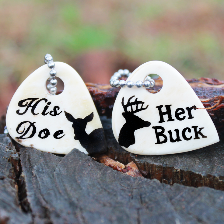 Her Buck His Doe Hand Crafted Engraved Cow Bone Guitar Necklaces